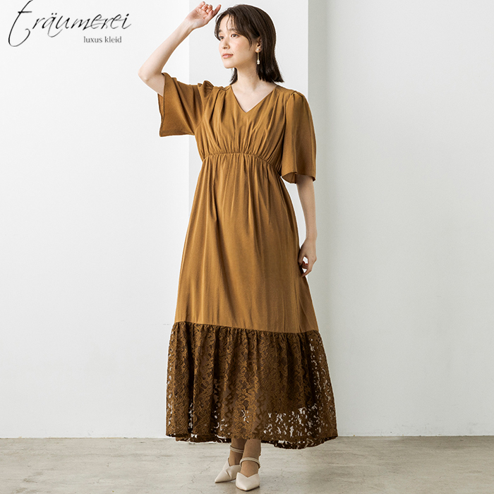 WEB限定｜裾レース切替ギャザードレス