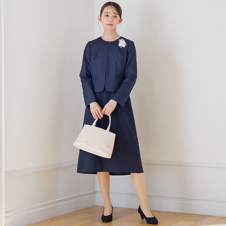 洗える｜ジャガードノーカラージャケット＆袖シフォンワンピース 2点セット